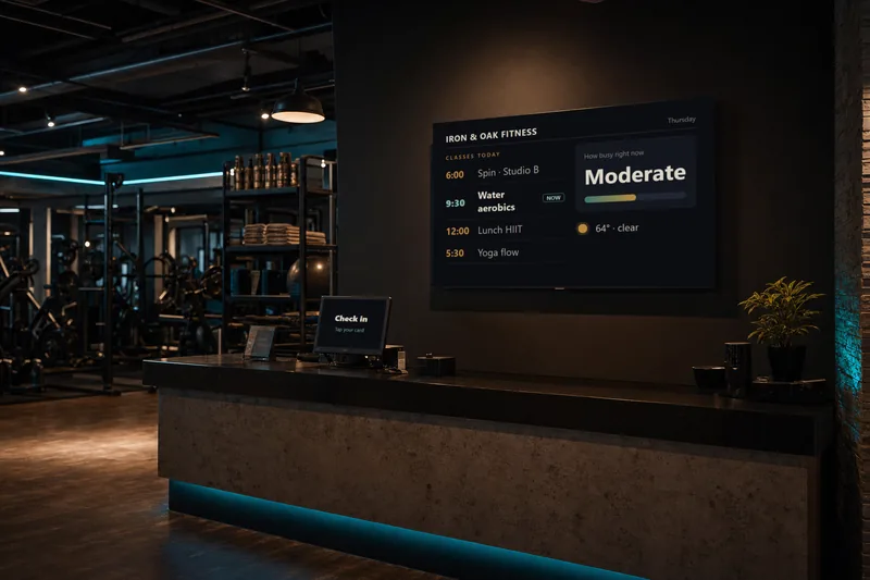 A gym front desk at night with a wall screen showing today's classes, a busy meter reading Moderate and the weather