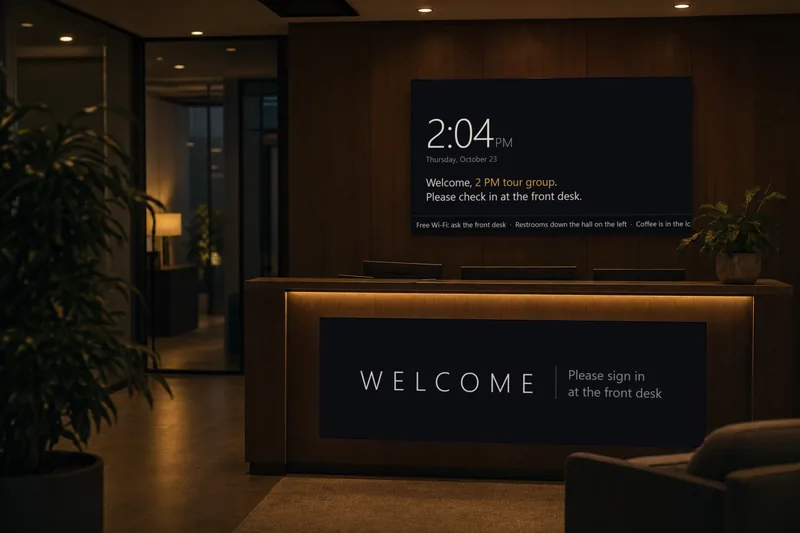 An office reception lobby with a wall screen showing the time, a welcome for a 2 PM tour group and a news ticker