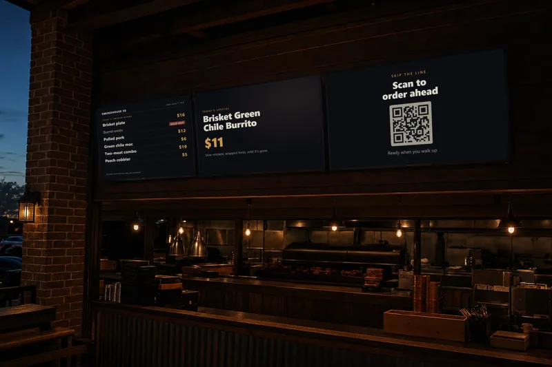 Three menu screens above a restaurant order counter at dusk: a menu board, today's special and a scan-to-order QR code