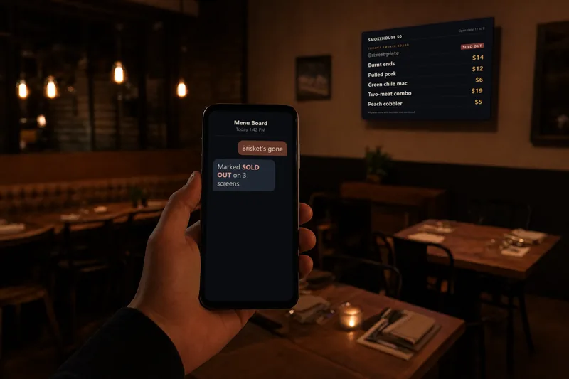 A hand holding a phone with a text thread marking brisket sold out, and the restaurant menu screen behind it showing SOLD OUT