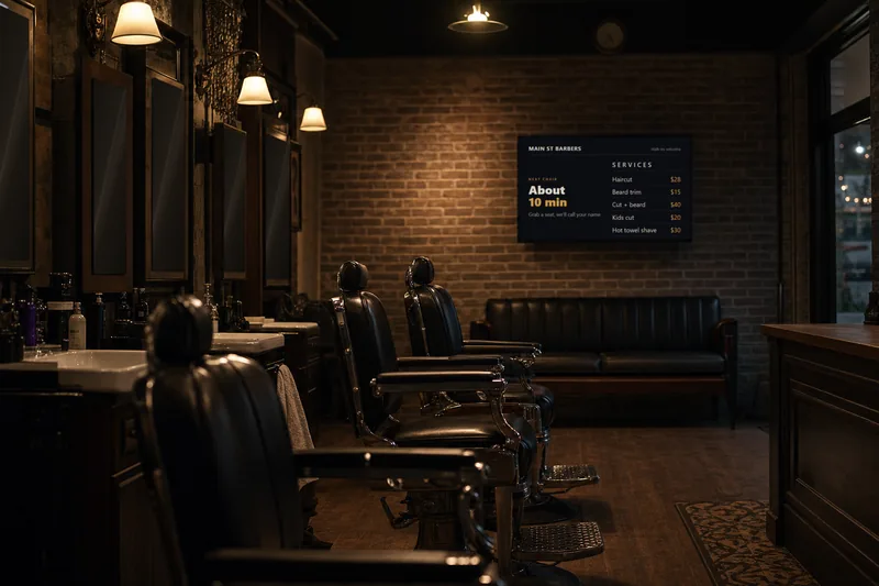 A barbershop at evening with a wall screen showing about a 10 minute wait and a list of services and prices
