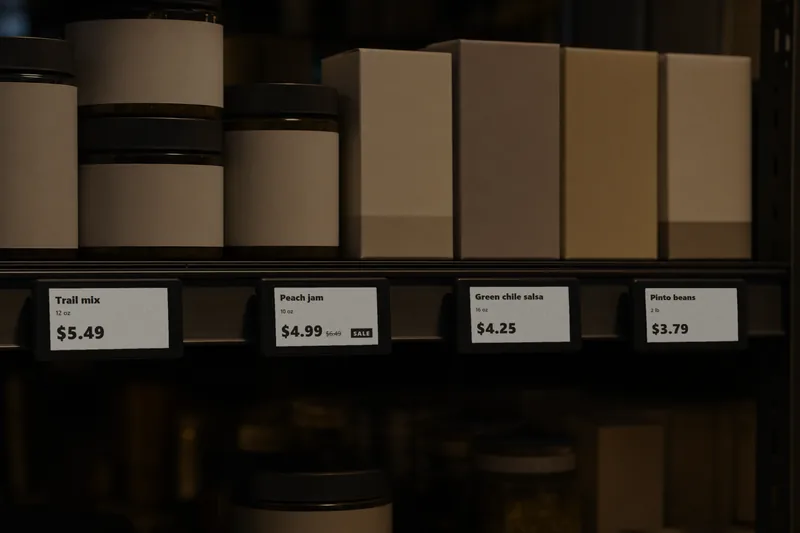 A store shelf with small e-ink price tags, one marked SALE