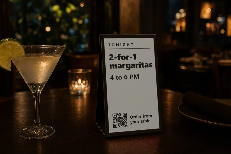 A small e-ink table sign next to a margarita reading Tonight, 2-for-1 margaritas, 4 to 6 PM, with an order QR code